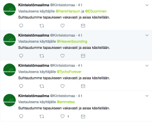 Sama vastaus sanasta sanaan neljään kertaan peräkkäin.